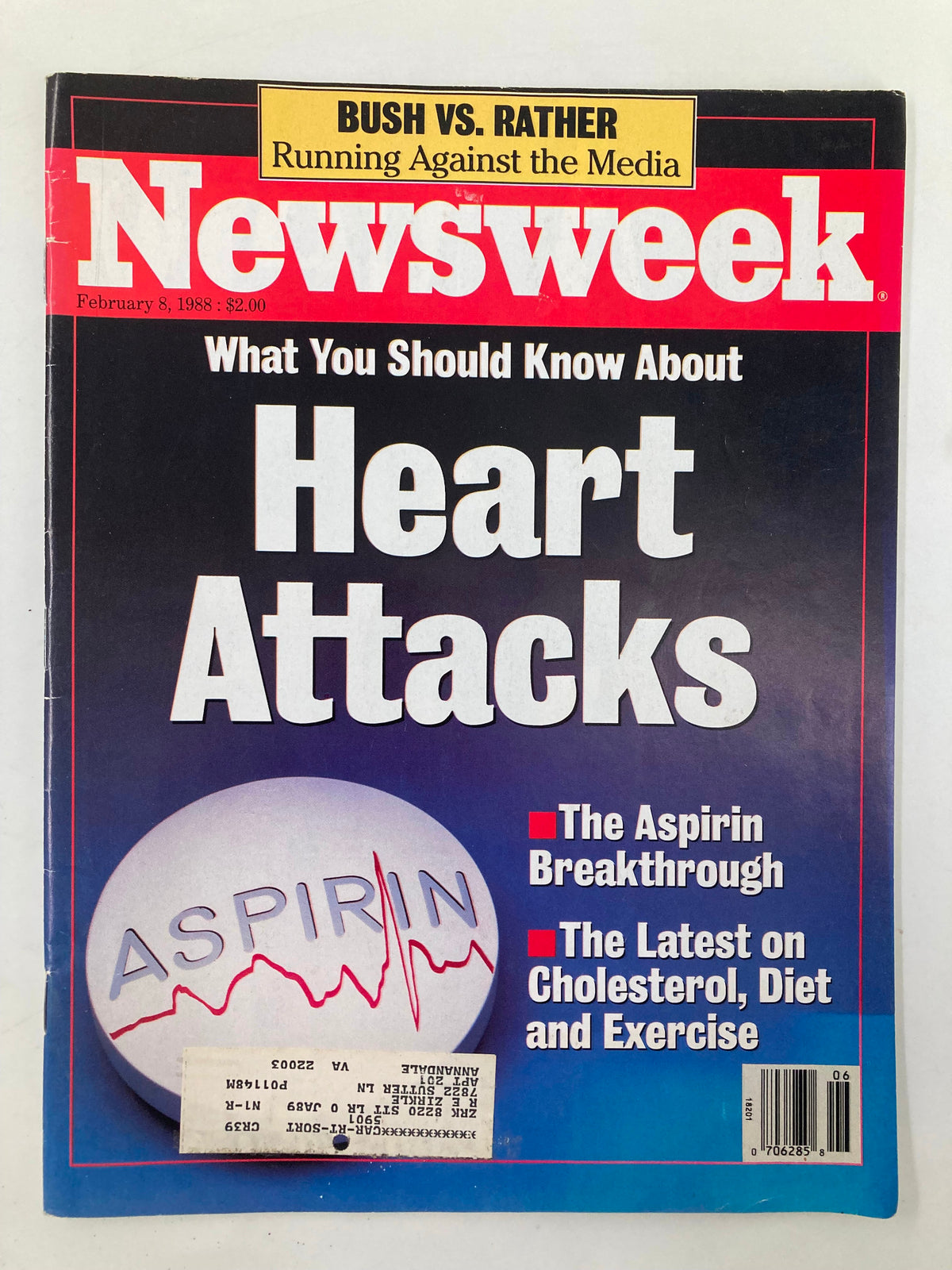 VTG Newsweek Magazine February 8 1988 featuring an article on Heart Attacks and the Aspirin Breakthrough, showcasing the cover with a large aspirin tablet graphic and important health information highlighted.