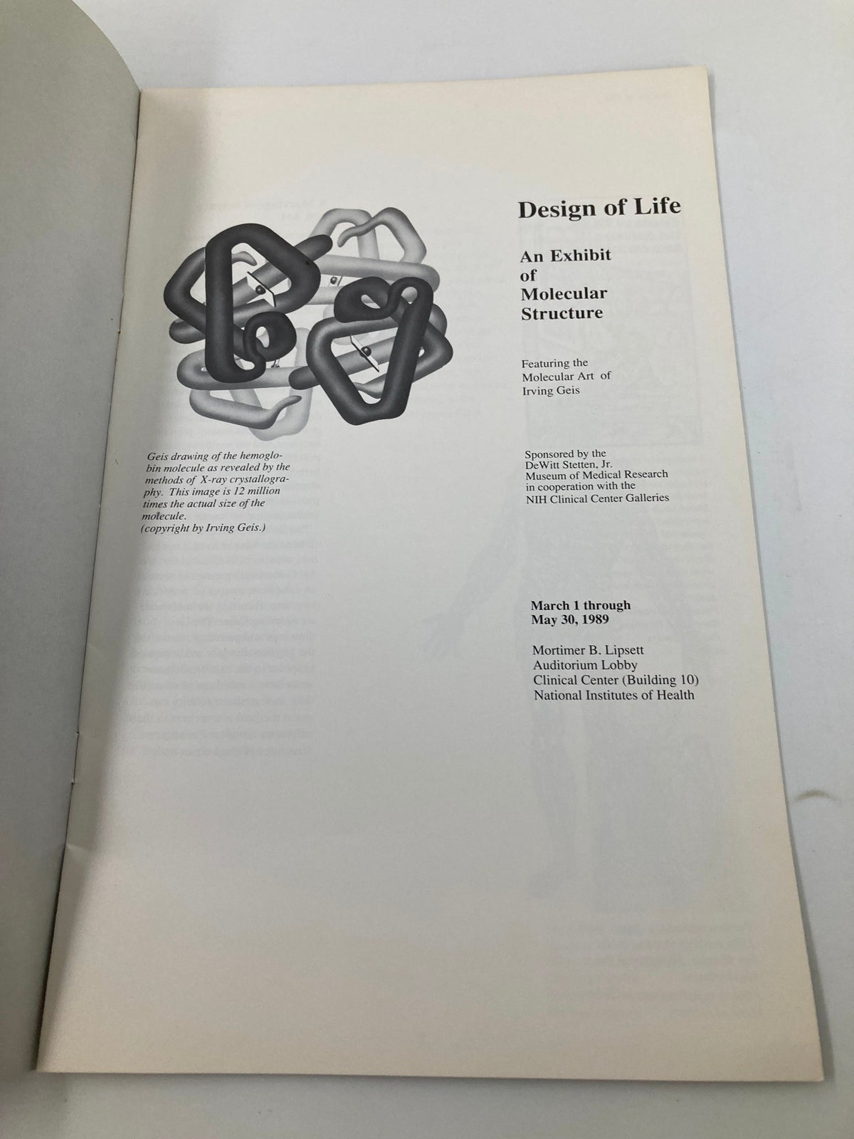 Inside page of 'Design of Life: An Exhibit of Molecular Structure' detailing the exhibit's features in a clean layout.