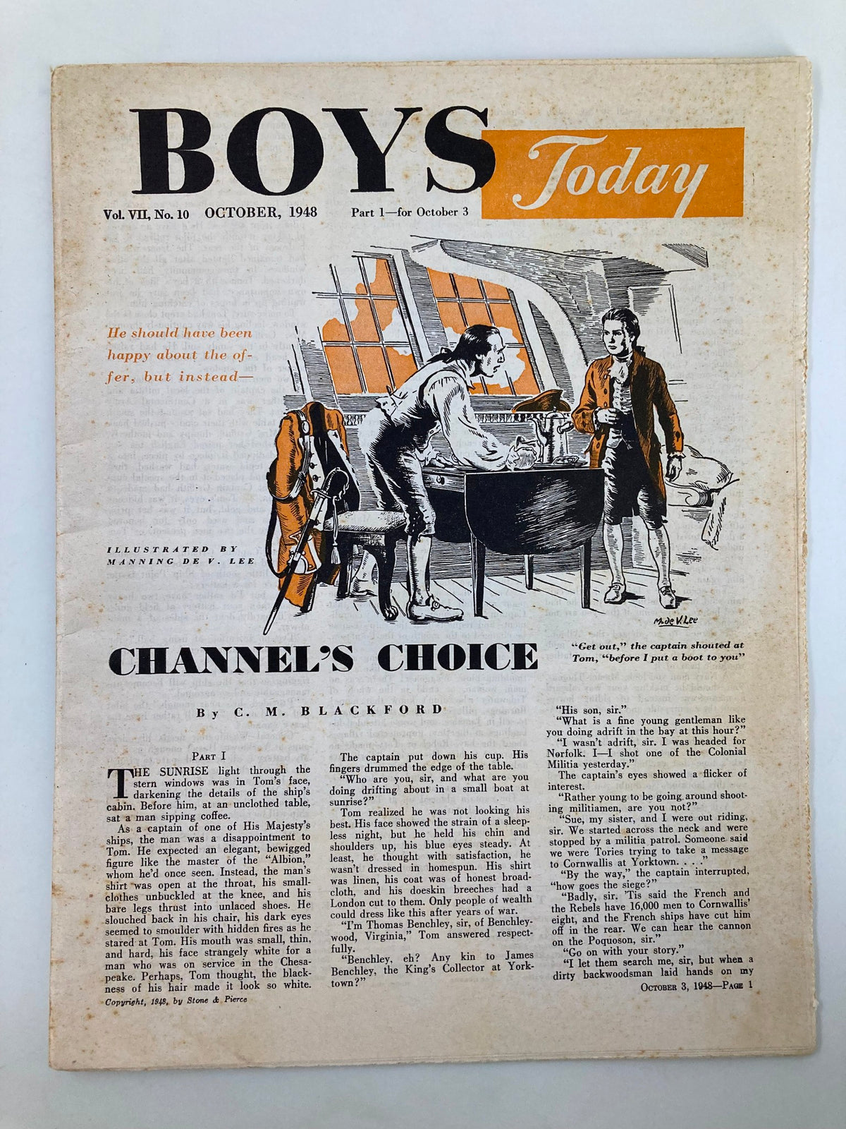 Cover of VTG Boys Today Magazine October 1948 featuring 'Channel's Choice' by C.M. Blackford, showcasing an illustration of characters in a cabin.