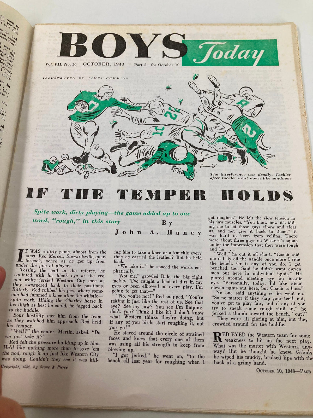 Inside page of VTG Boys Today Magazine October 1948 with the story 'If the Temper Holds' by John A. Haney, depicting a football scene with players in action.