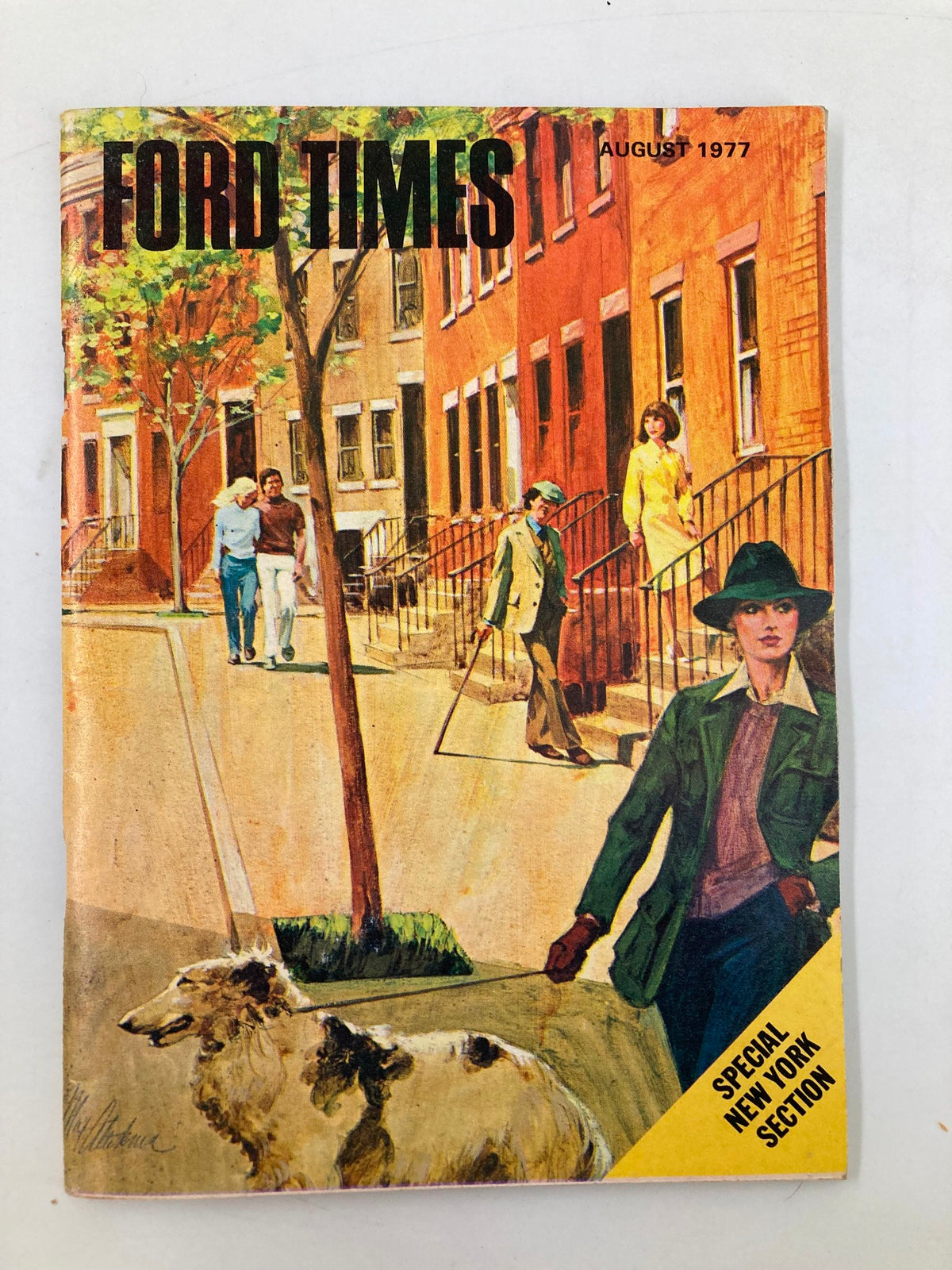 Cover of the VTG Ford Times Magazine from August 1977, featuring vibrant street scenes and individuals, showcasing the article 'The Little Piggy Went to New Milford.'