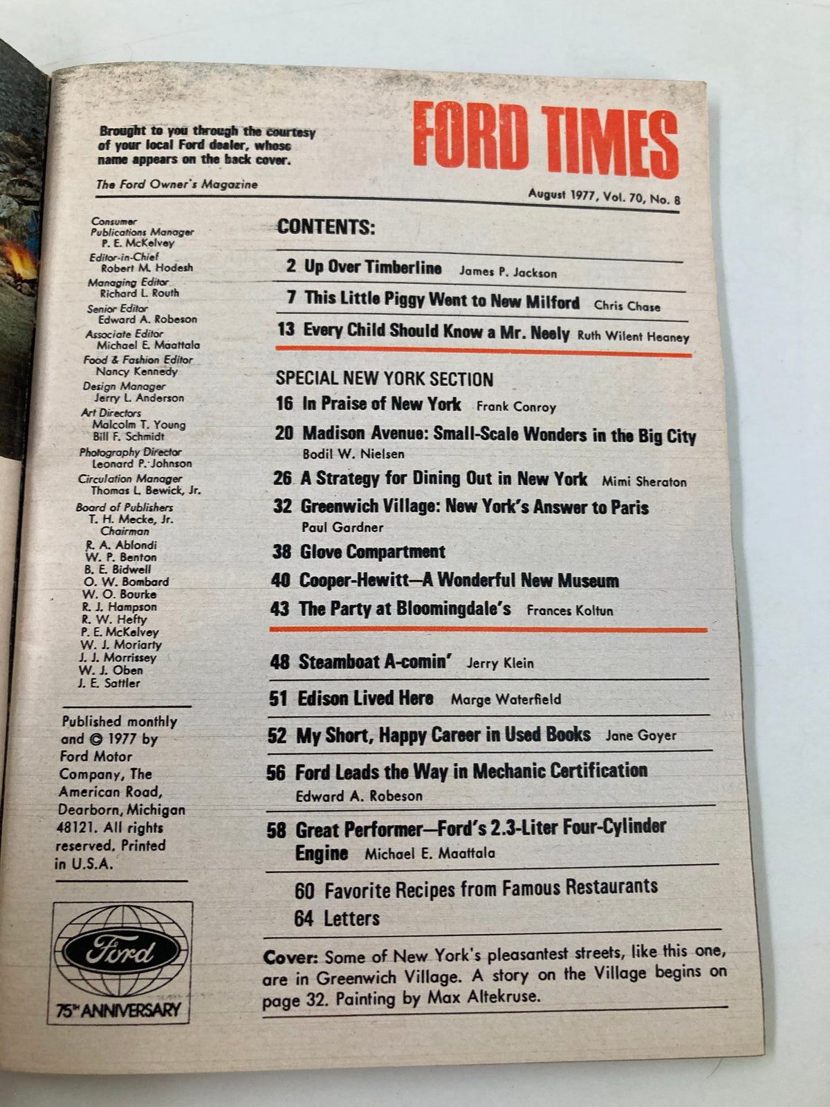 VTG Ford Times Magazine August 1977 showcasing the table of contents, featuring articles including 'The Little Piggy Went to New Milford'. Perfect for vintage magazine collectors.