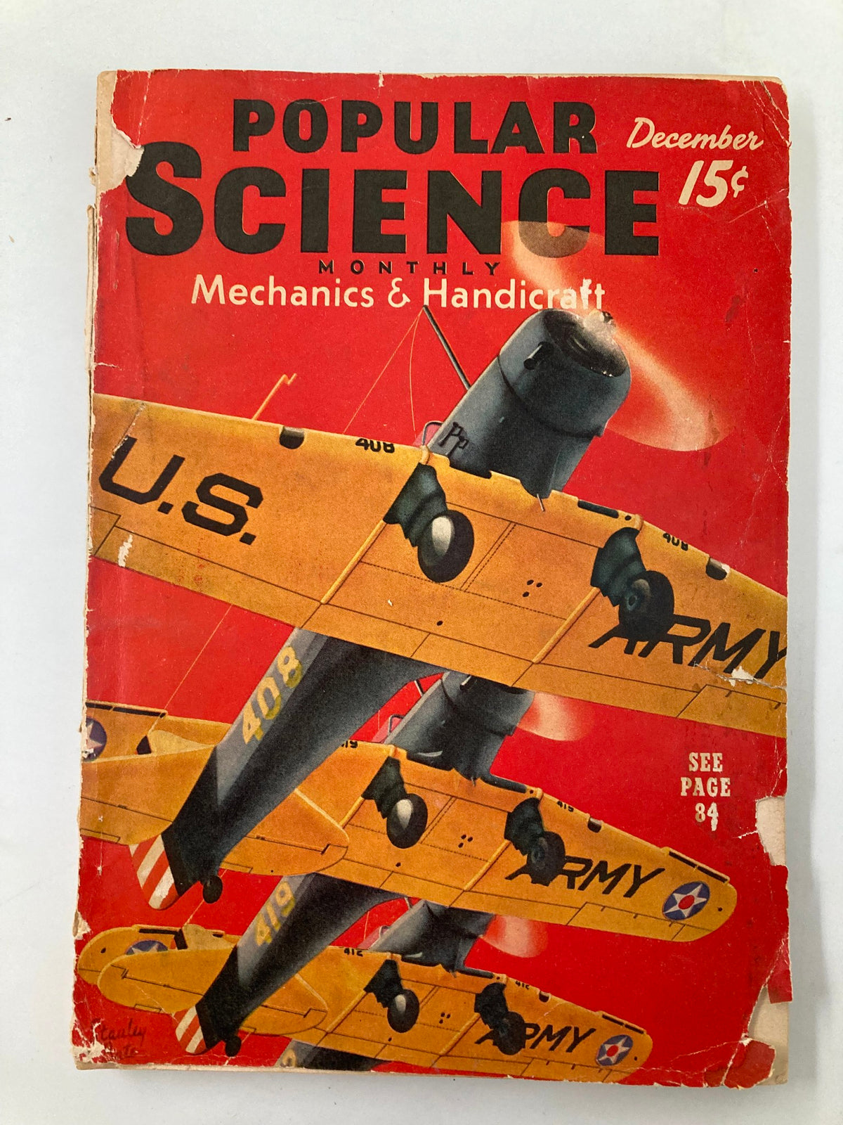 VTG Popular Science Monthly Magazine Cover from December 1939 showing airplanes labeled ‘U.S.’ and ‘ARMY’, celebrating forty years of automobile innovation.