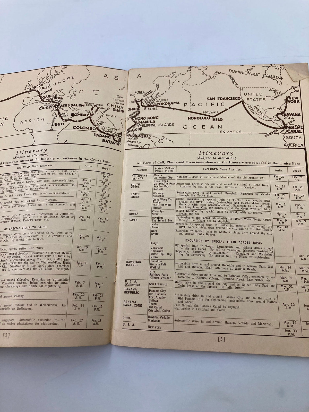 Page from VTG Around The World on the S.S. Letitia 1929 - 1930 magazine featuring a detailed itinerary map of global locations visited by the cruise.