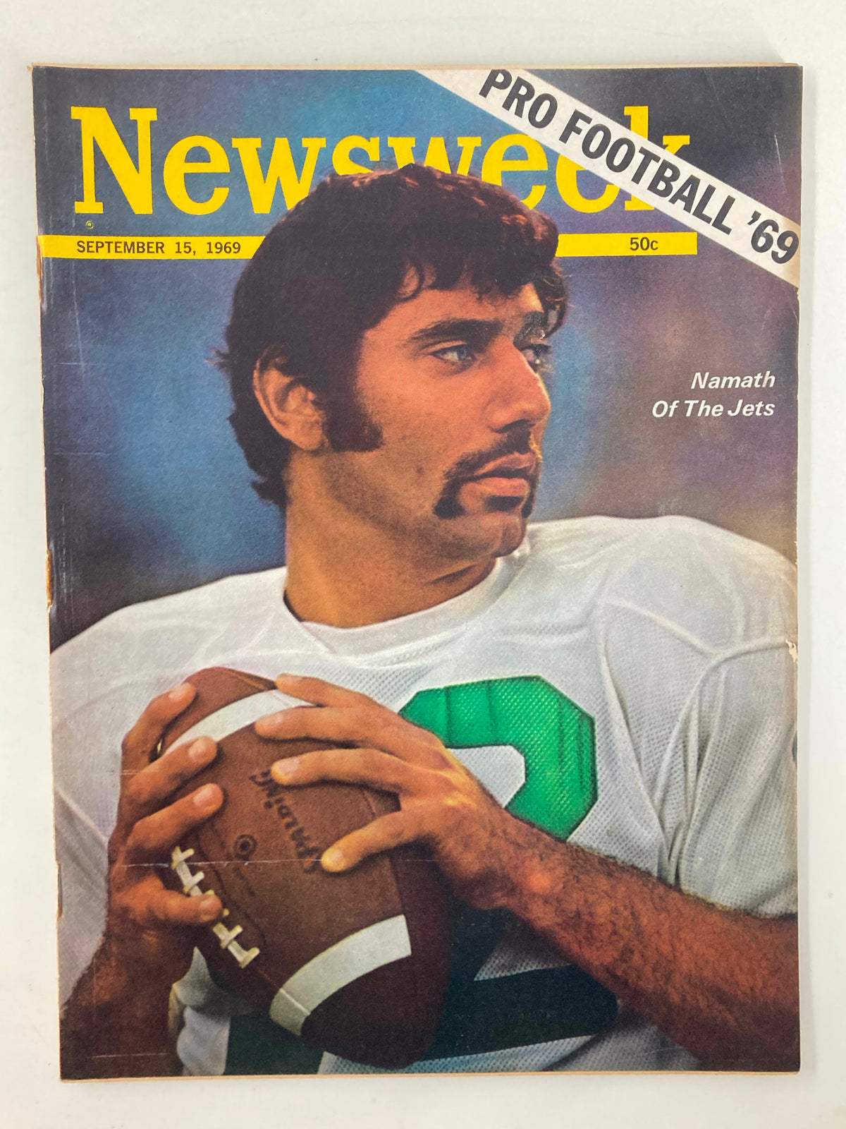 VTG Newsweek Magazine September 15 1969, featuring Joe Namath of the Jets, showcasing the cover with Namath holding a football, representing a significant era in professional football.