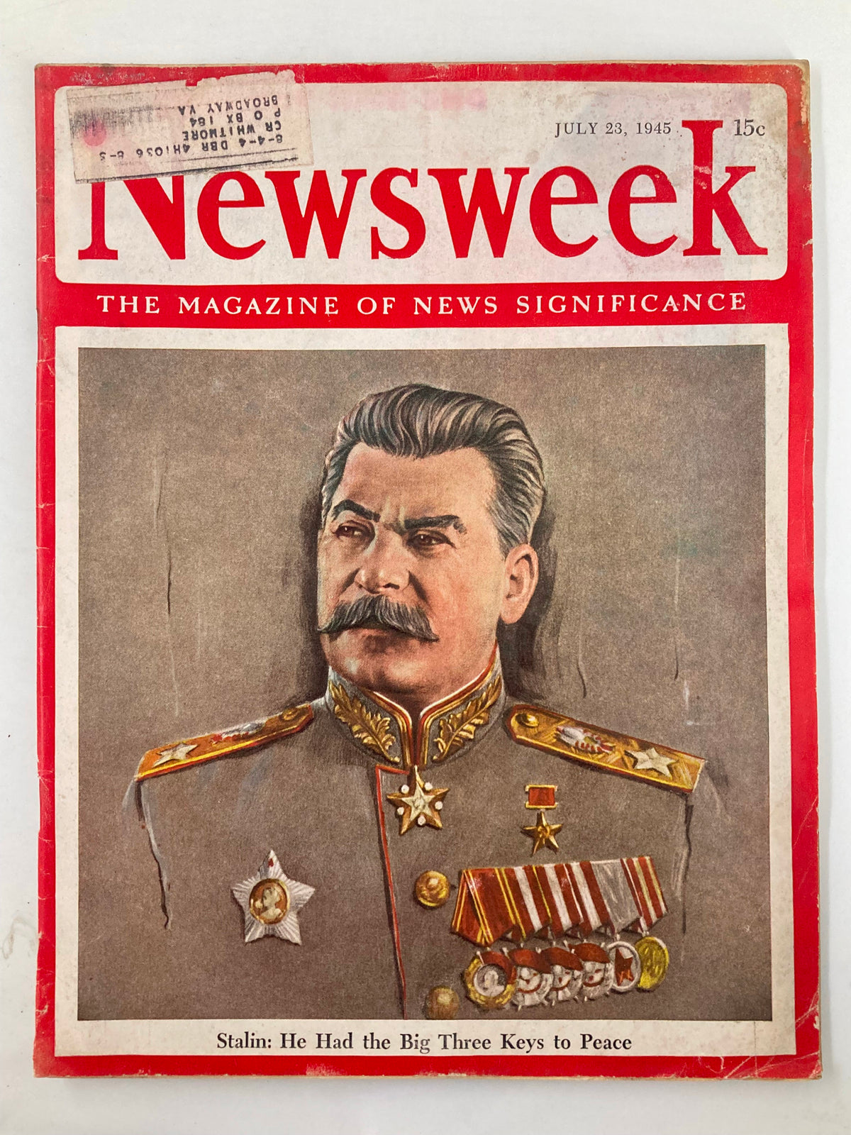 Vintage Newsweek magazine cover from July 23, 1945, featuring Joseph Stalin with the headline 'He Had the Big Three Keys to Peace,' showcasing post-World War II historical context.