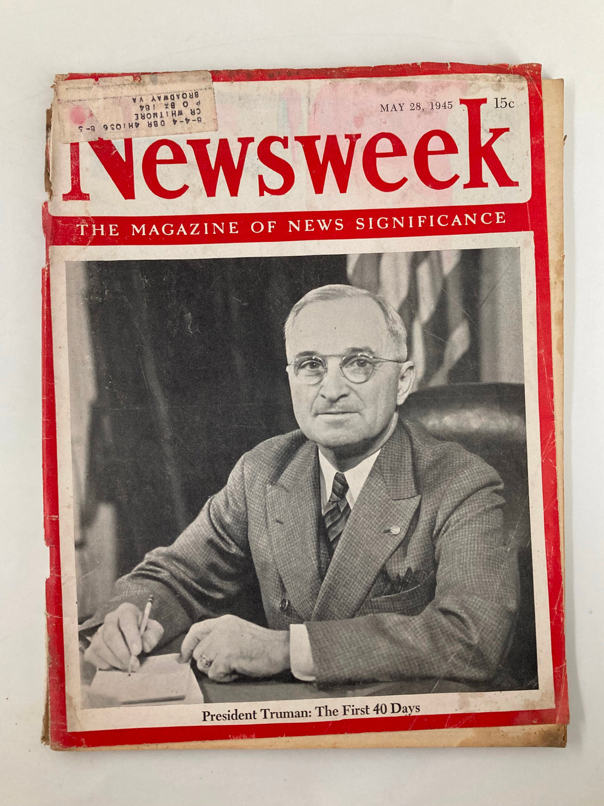Cover of VTG Newsweek Magazine May 28, 1945 featuring President Harry Truman, titled The First 40 Days.