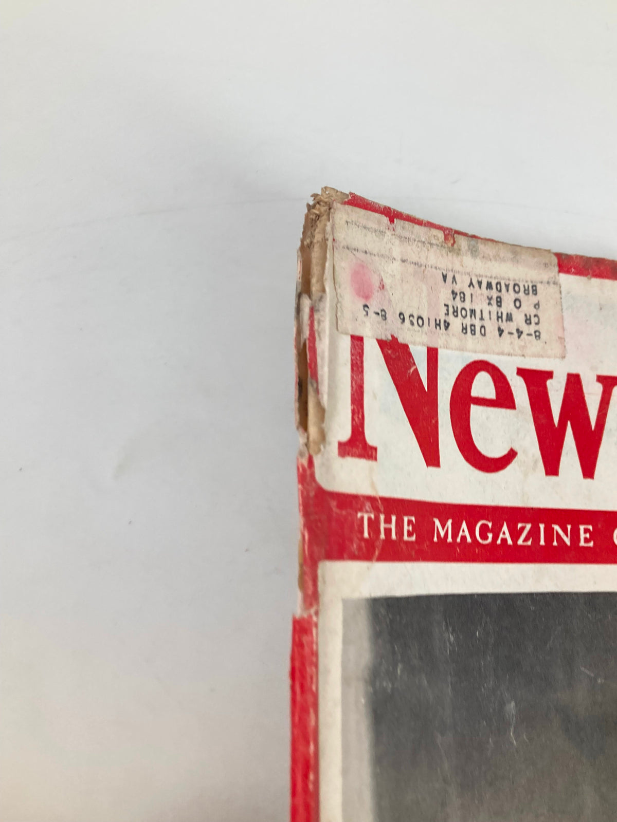 Side view of the VTG Newsweek Magazine May 28, 1945 showing a vintage address label.