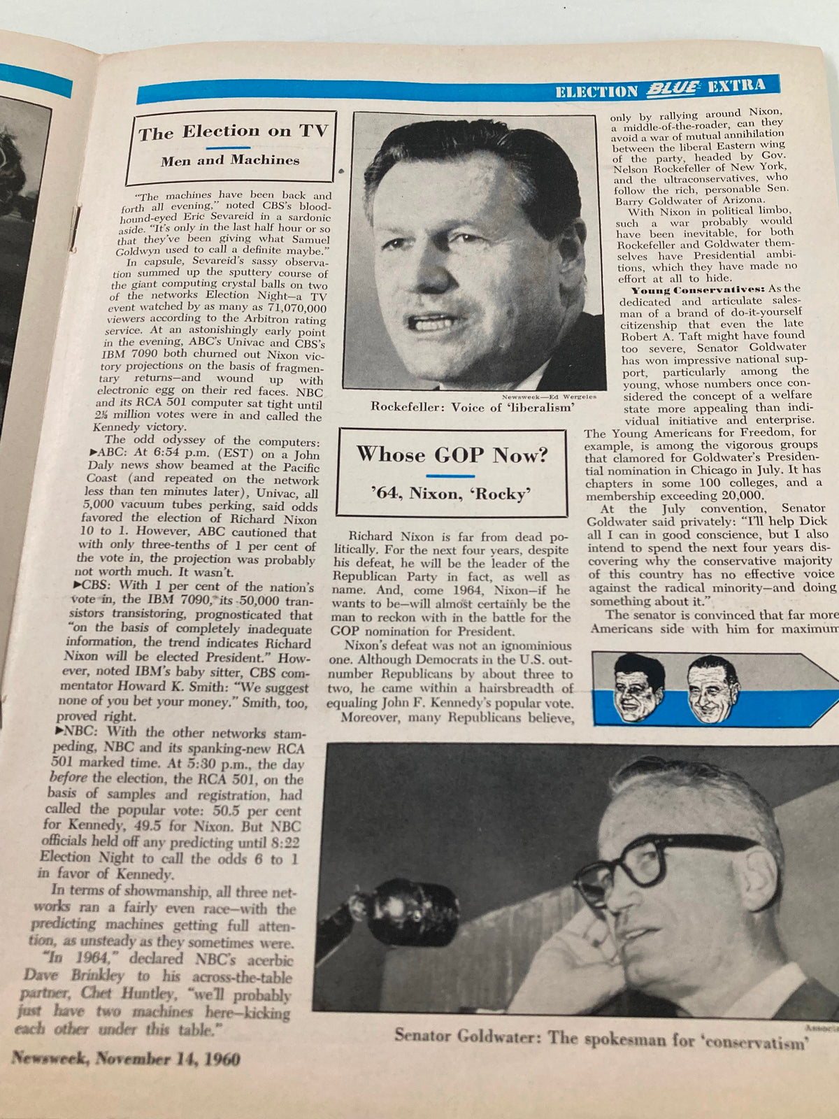 Inside page of the November 14, 1960 issue of Newsweek, discussing the election coverage and insights into candidate debates during the Kennedy-Nixon election.