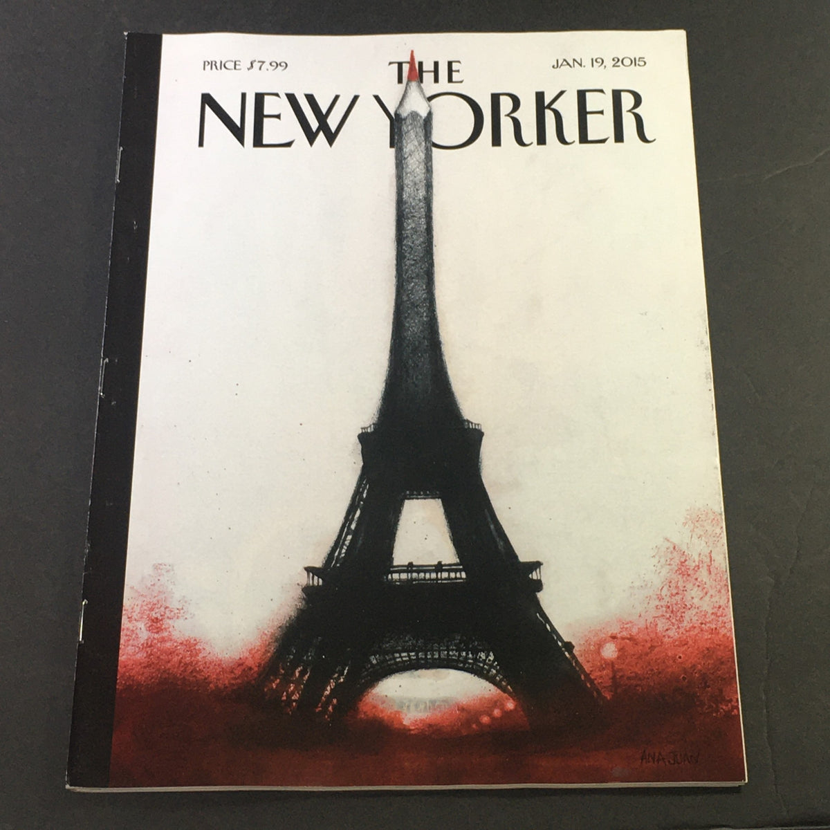 The New Yorker January 19 2015 magazine cover featuring artwork by Ana Juan, depicting the Eiffel Tower with dramatic red accents.