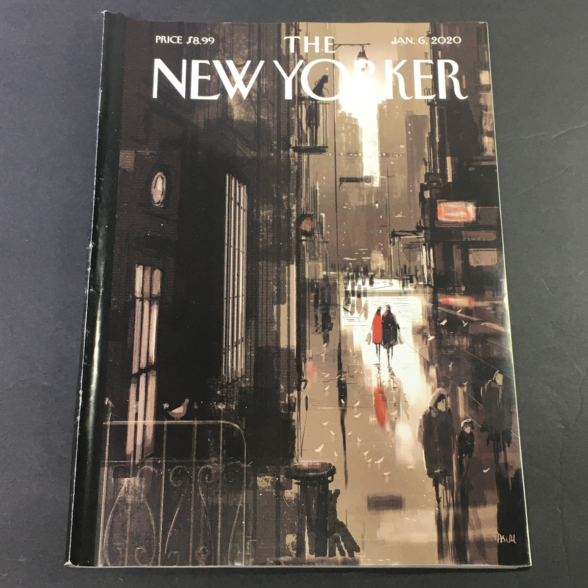 The New Yorker January 6 2020 full magazine cover featuring a stunning illustration by Pascal Campion depicting a rainy street scene with a figure in a red coat.
