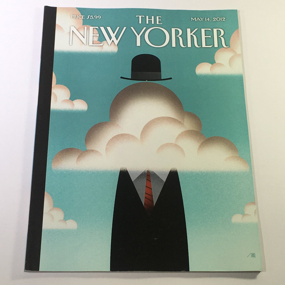 The New Yorker May 14 2012 magazine cover featuring a surreal illustration of a figure in a suit and top hat, partially obscured by clouds, designed by Bob Staake.