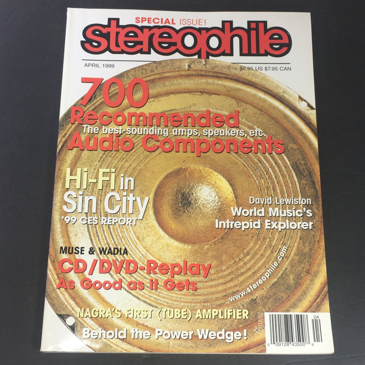 Cover of Stereophile Magazine April 1999 featuring an article by David Lewiston and a feature on Nagra's Tube Amplifier, highlighting recommended audio components and Hi-Fi trends.
