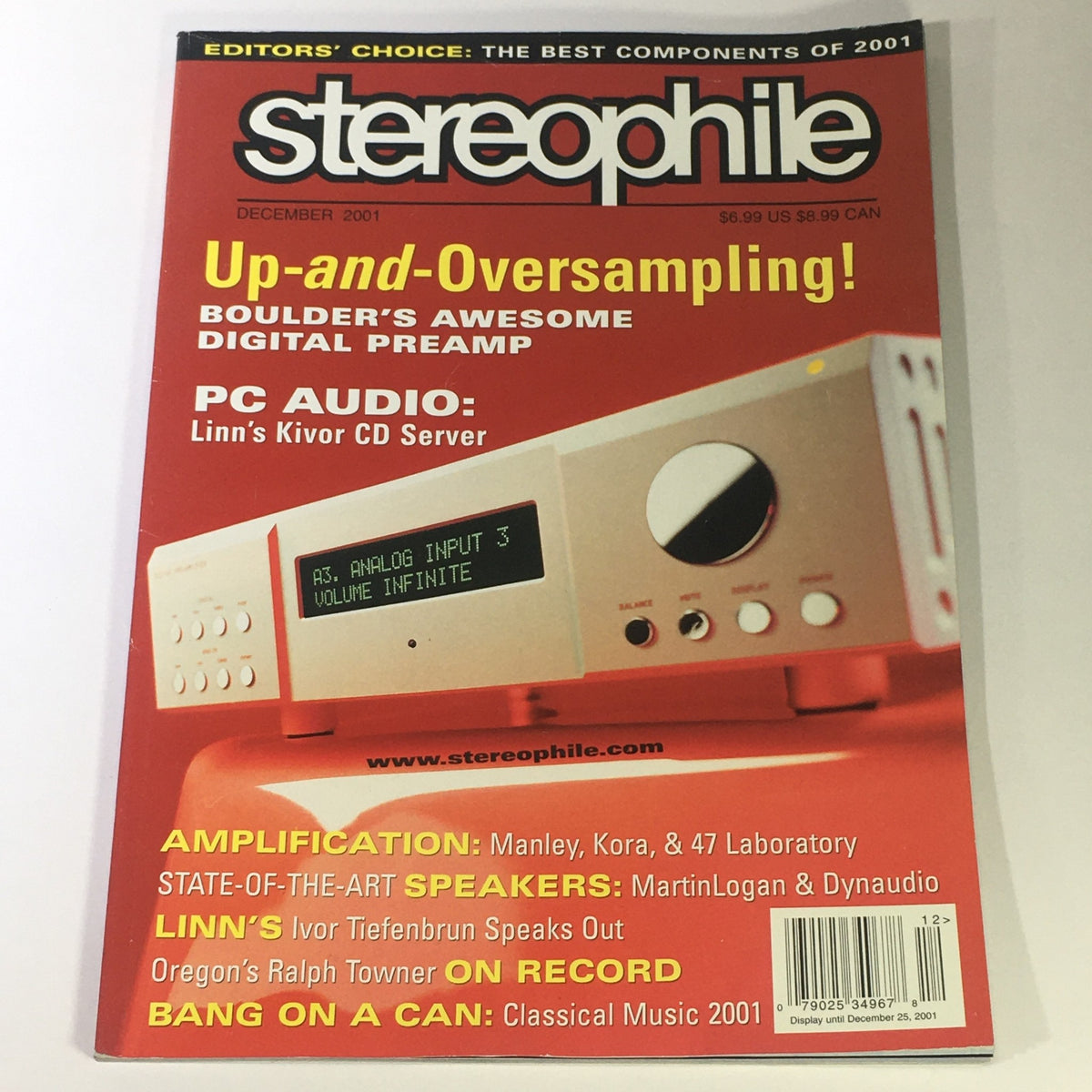 Stereophile Magazine December 2001 cover featuring a digital preamp on the front page, highlighting articles on Boulder’s digital preamp and musicians Ralph Towner and Ivor Tiefenbrun.