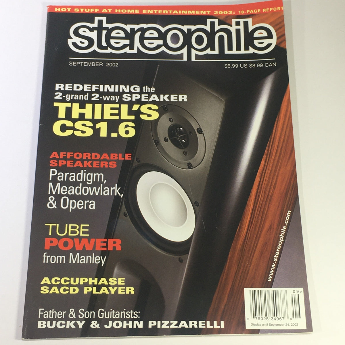 Cover of Stereophile Magazine September 2002 featuring a two-way speaker and highlighting Bucky, John Pizzarelli, and Manley Tube Power. The magazine discusses music and audio innovations of the early 2000s.