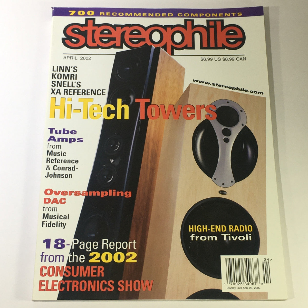 Cover of Stereophile Magazine, April 2002, featuring articles on Conrad-Johnson Tube Amps and Linn's Komri Tower. Highlights include high-tech towers, an 18-page report from the 2002 Consumer Electronics Show, and references to music fidelity.