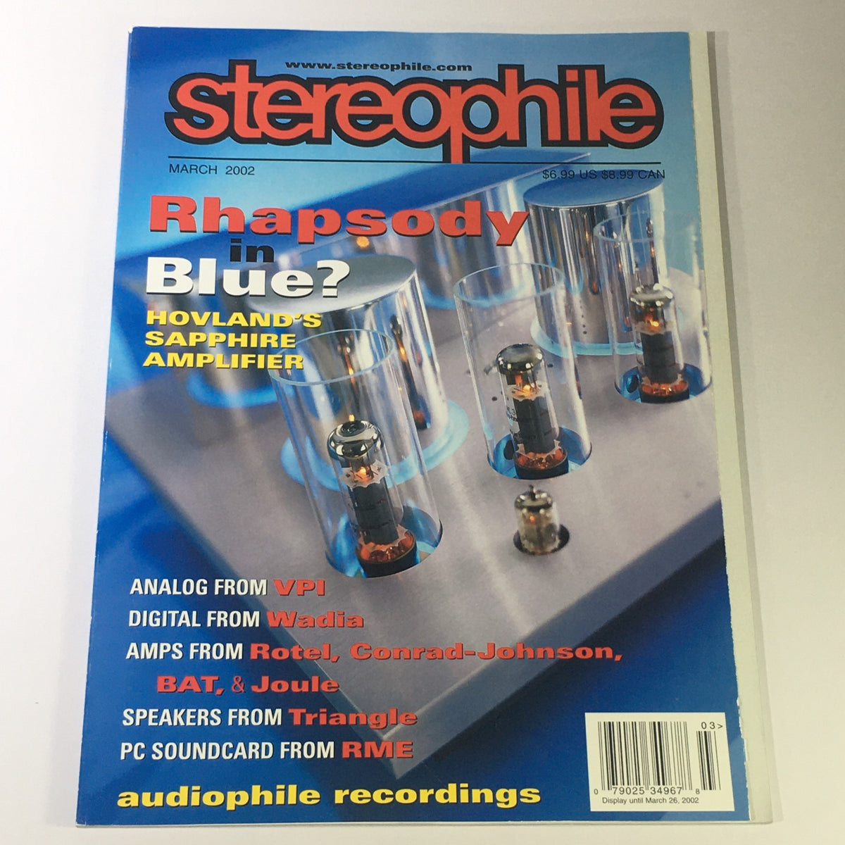 Cover of Stereophile Magazine March 2002 featuring Hovland Sapphire Amplifier and Triangle Speakers with the title 'Rhapsody in Blue'.