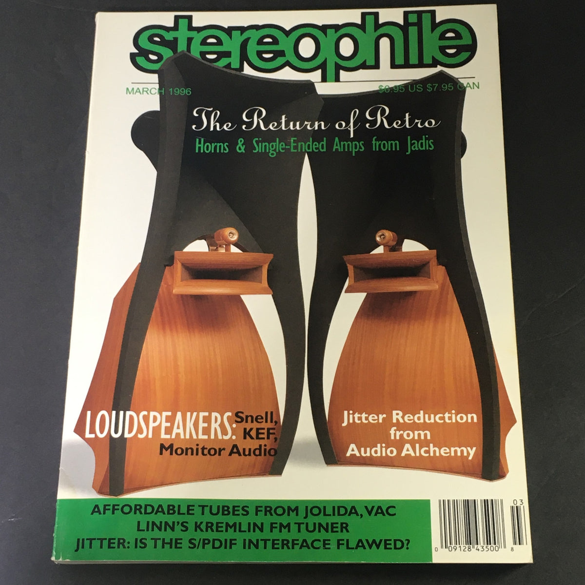 Cover of Stereophile Magazine from March 1996 featuring an article on Jadis' Horns and Single-Ended Amps. The design includes striking visuals of loudspeakers and highlights audio technology discussions.