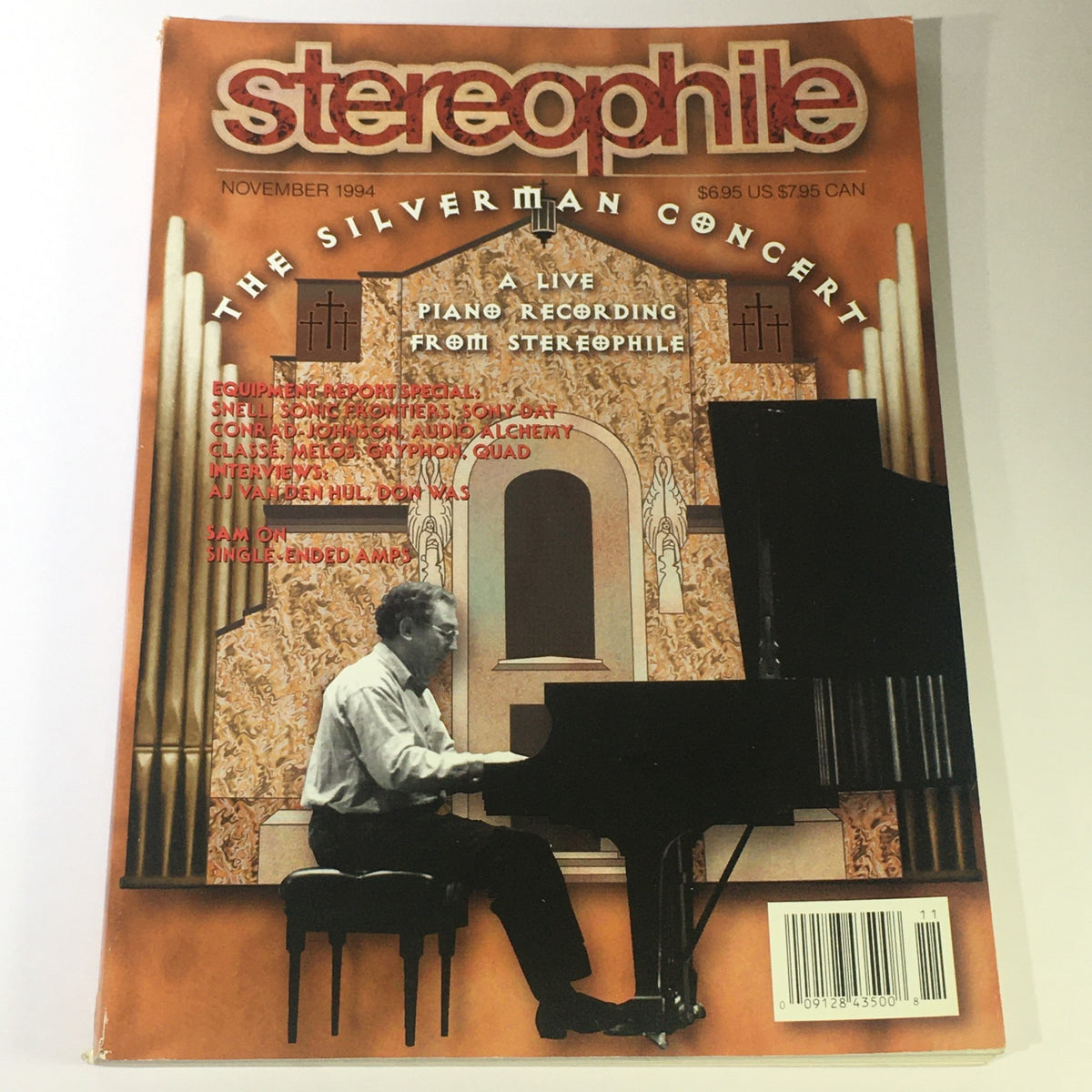 Cover of Stereophile Magazine from November 1994, featuring The Michael Silverman Concert, showcasing a pianist performing with detailed background elements highlighting audio culture.