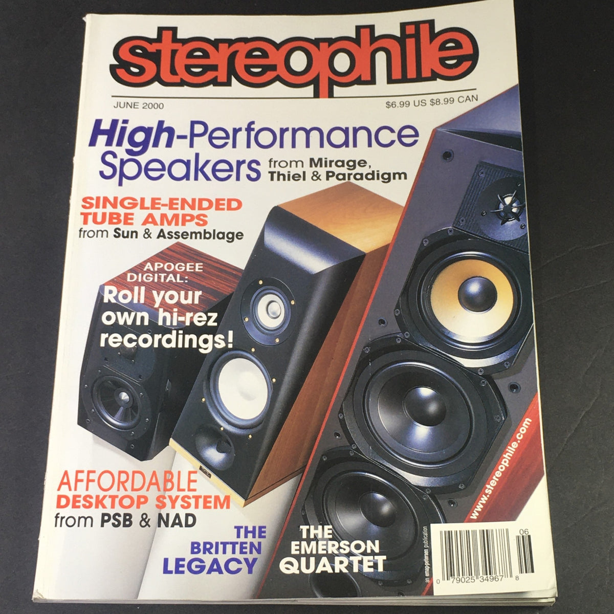 Cover of Stereophile Magazine from June 2000 featuring articles on The Britten Legacy and The Emerson Quartet, highlighting high-performance speakers and audio technology.