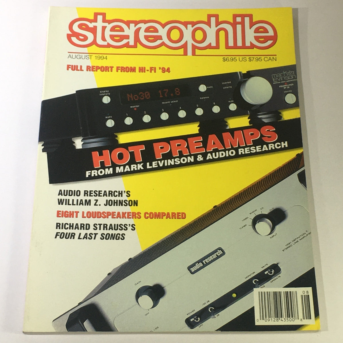 Cover of Stereophile Magazine August 1994 featuring a review of hot preamps from Mark Levinson and Audio Research, alongside insights on William Z. Johnson and Richard Strauss's Four Last Songs.