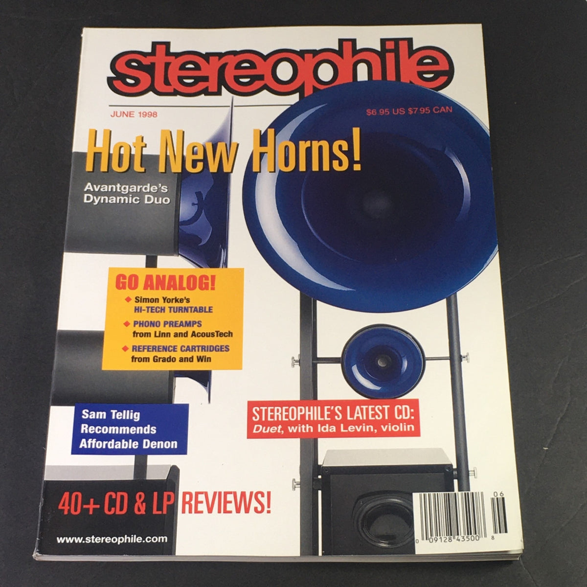 Stereophile Magazine June 1998 cover featuring hot new audio products, highlighting Avantgarde's dynamic duo and including a mention of Sam Tellig's recommendations and the latest CD, 'Duet' with Ida Levin on violin.