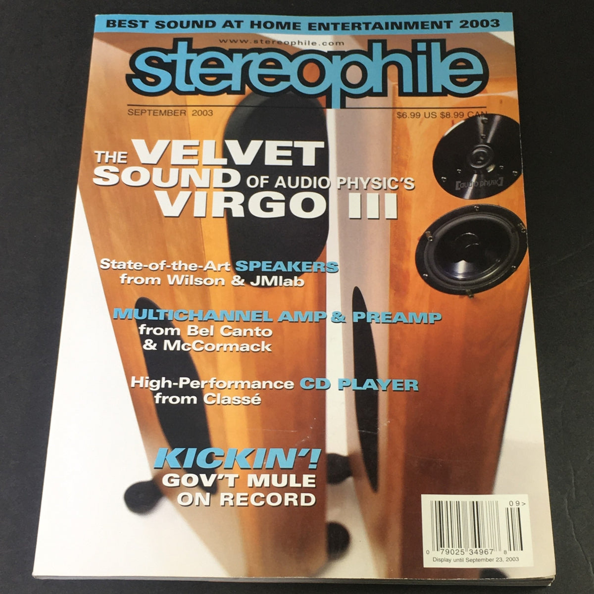 Cover of Stereophile Magazine September 2003 featuring 'The Velvet Sound of Audio Physic's Virgo III' and Bel Canto Amplifier, showcasing high-end audio technology and equipment.