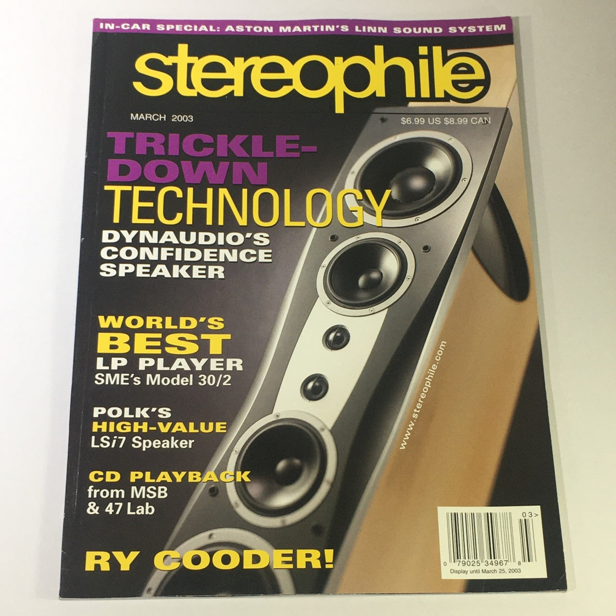 Stereophile Magazine March 2003 cover featuring Ry Cooder and Aston Martin's Linn Sound System, showcasing high-fidelity audio and vintage magazine appeal.