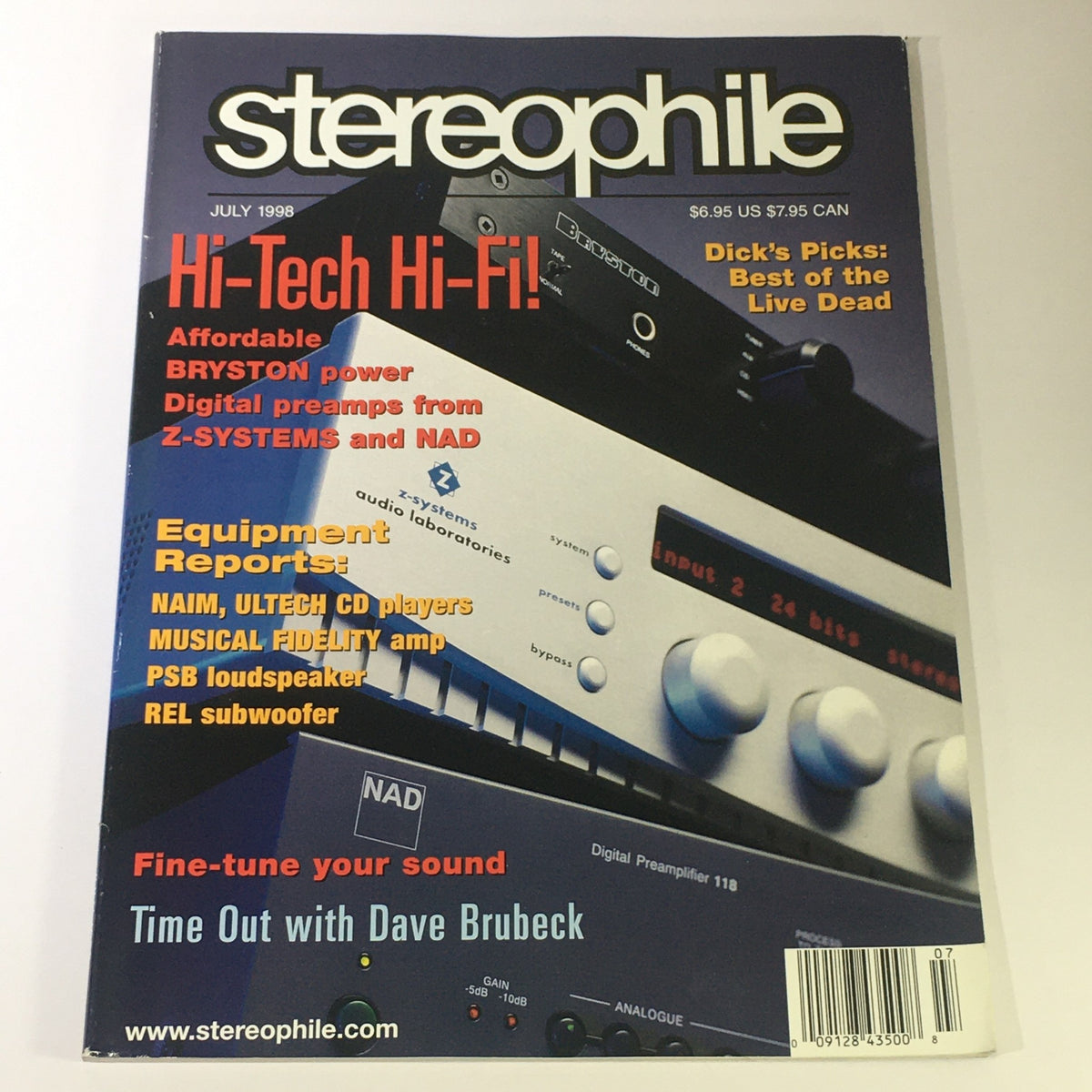 Cover of Stereophile Magazine July 1998 featuring an article on Dave Brubeck, Z-Systems and NAD digital preamps. The magazine highlights advancements in high-end audio technology with titles like 'Hi-Tech Hi-Fi!' and 'Fine-tune your sound'.