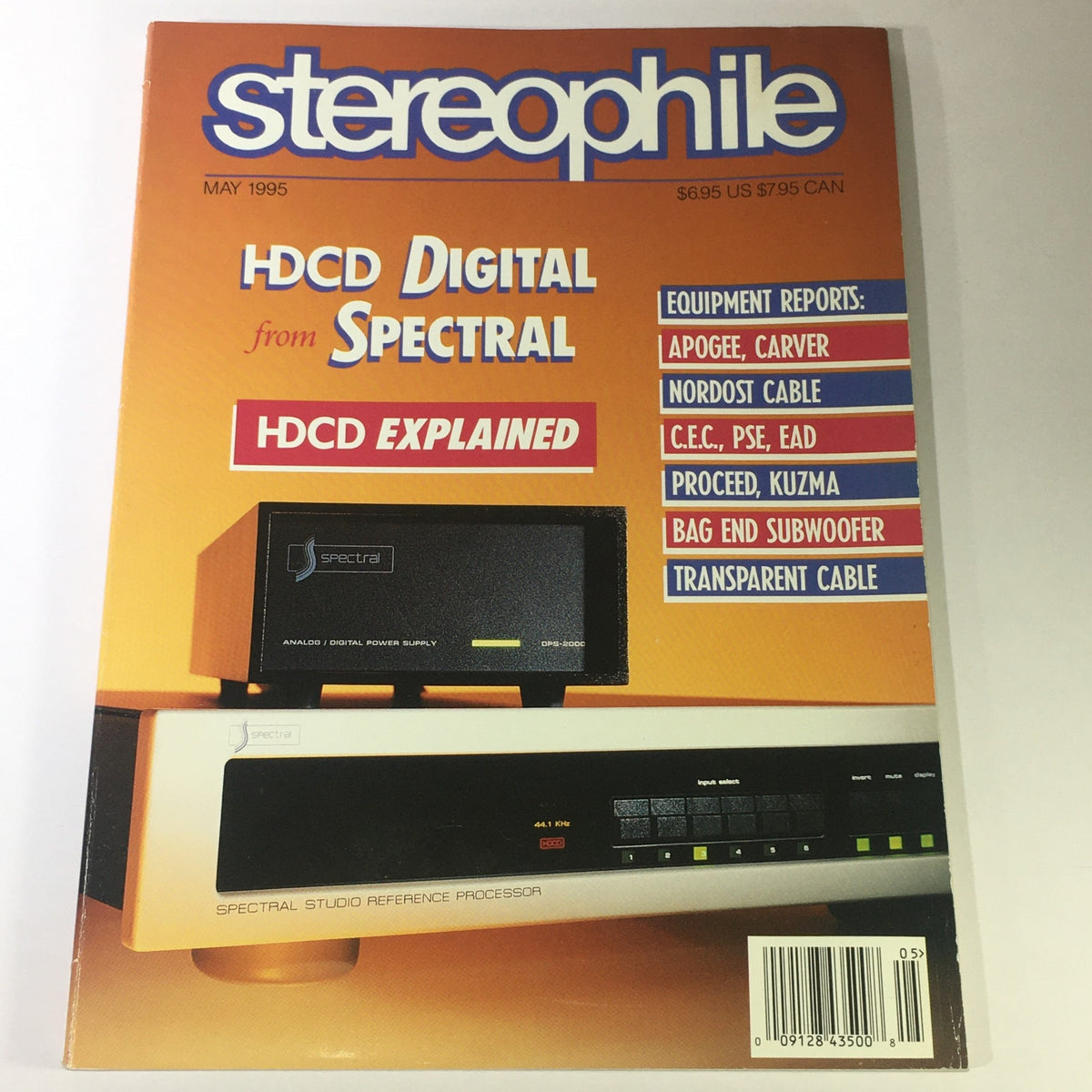 Cover of Stereophile Magazine May 1995 featuring articles on HDCD Digital technology, Spectral and Nordost Cable equipment along with detailed reviews and industry insights.