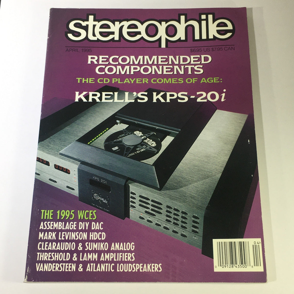 Cover of Stereophile Magazine April 1995 featuring Krell's KPS-20i CD Player and Mark Levinson HDCD technology. Highlights recommended components in high-end audio equipment for audiophiles.