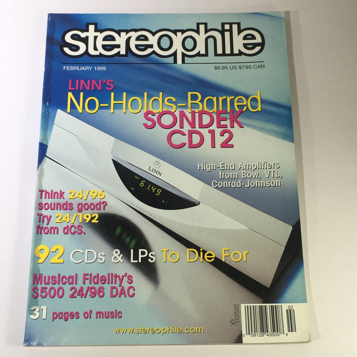 Cover of Stereophile Magazine, February 1999 issue featuring an article on Linn's Sondek CD12 and Conrad-Johnson amplifiers. The cover highlights high-end audio technology with vibrant graphics and text.