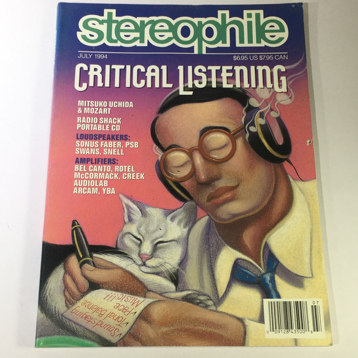 Cover of Stereophile Magazine July 1994 featuring Mitsuko Uchida & Mozart. The cover art showcases a man listening to music with headphones and a white cat on his lap, illustrating the theme of critical listening and vintage audio technology.