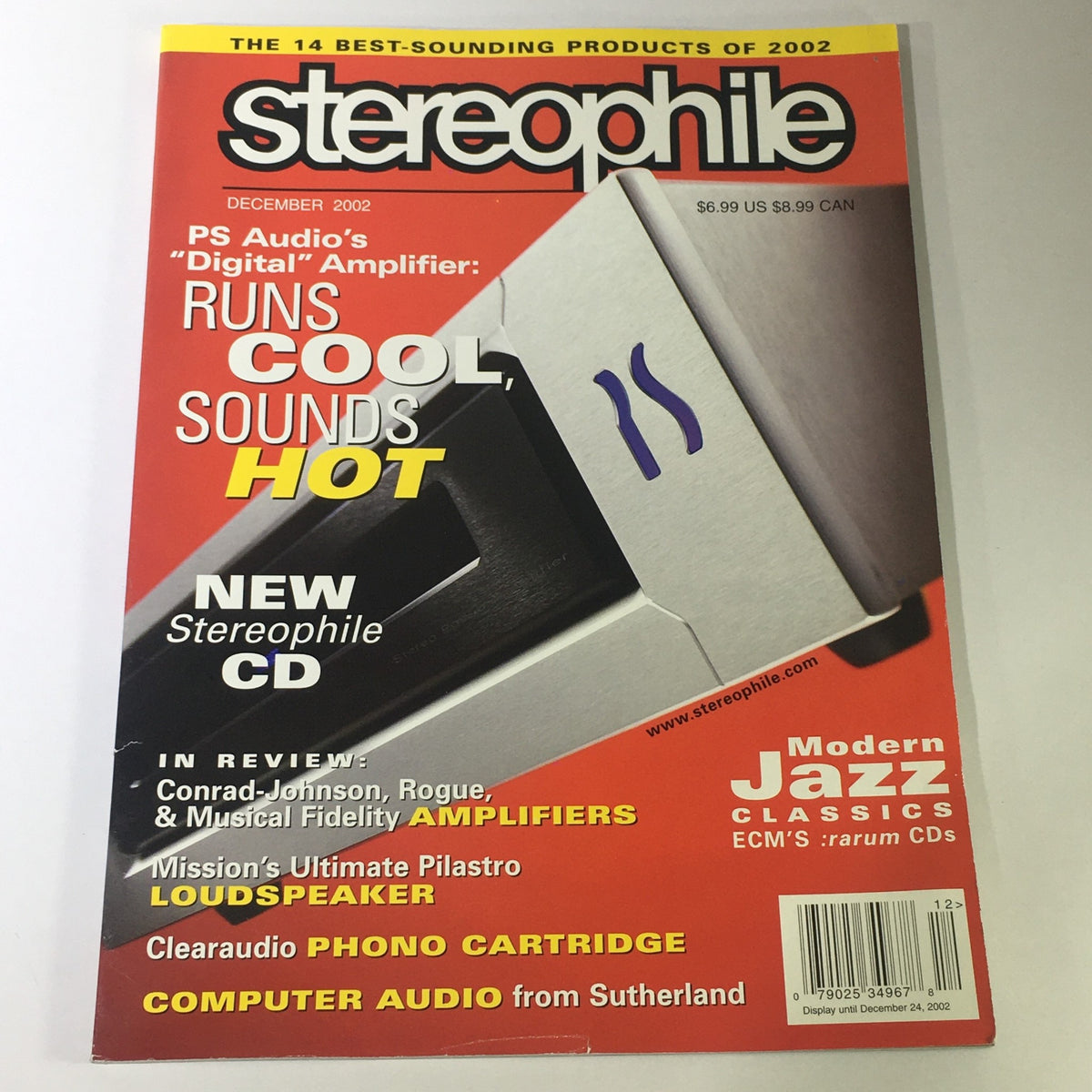 Cover of Stereophile Magazine December 2002 featuring Clearaudio Phono Cartridge and ECM Rarum CDs, highlighting PS Audio's Digital Amplifier and various audio technology reviews.
