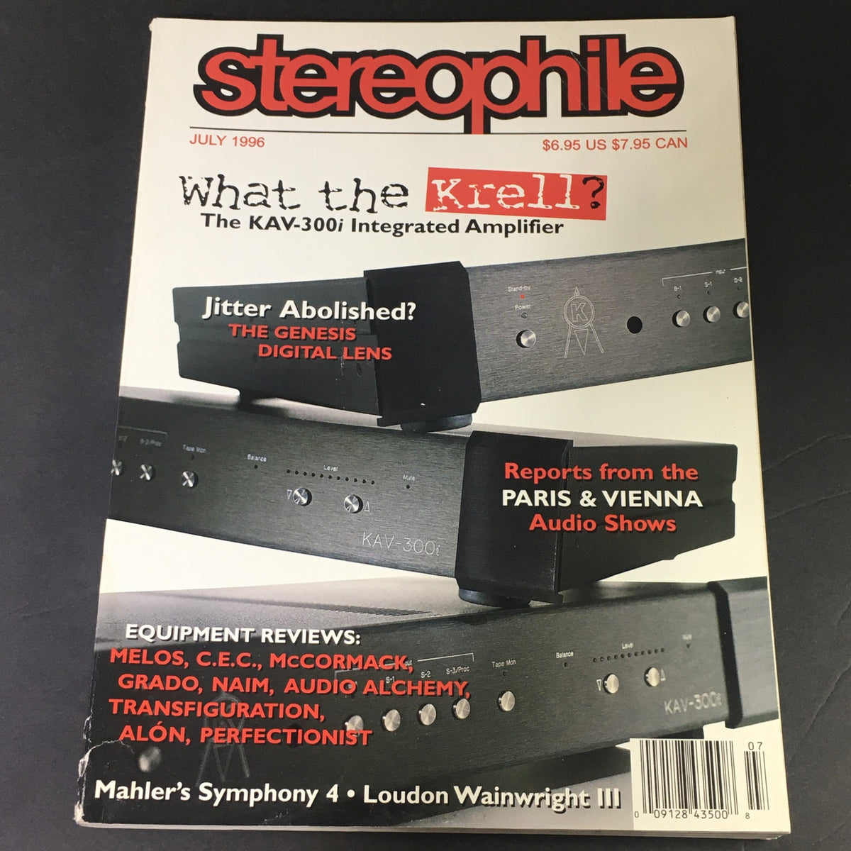 Cover of Stereophile Magazine July 1996 featuring the KAV-300i Integrated Amplifier, highlights on jitter abolishment, and reports from the Paris & Vienna Audio Shows.