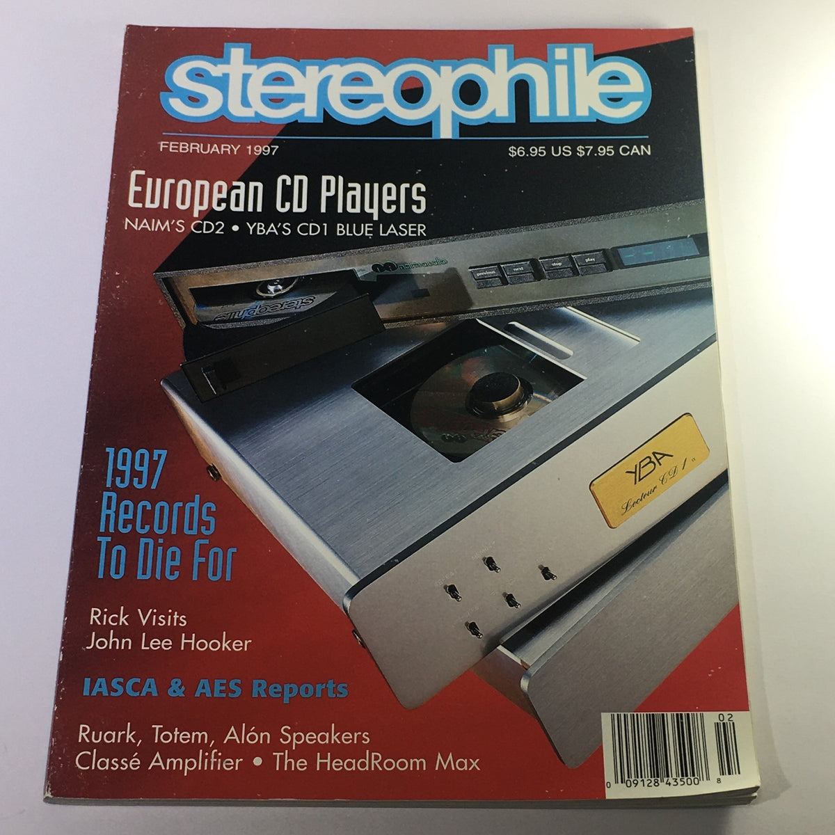 Cover of Stereophile Magazine February 1997 featuring John Lee Hooker and the Headroom max AMP, showcasing European CD players and highlights from the music industry.