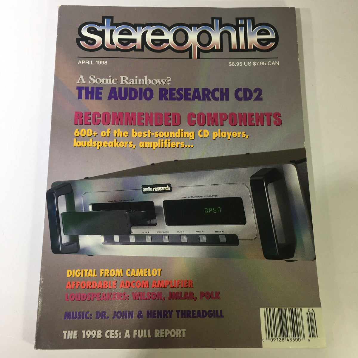 Cover of Stereophile Magazine April 1998 featuring Dr. John and Henry Threadgill, showcasing audio equipment and recommendations for music enthusiasts.