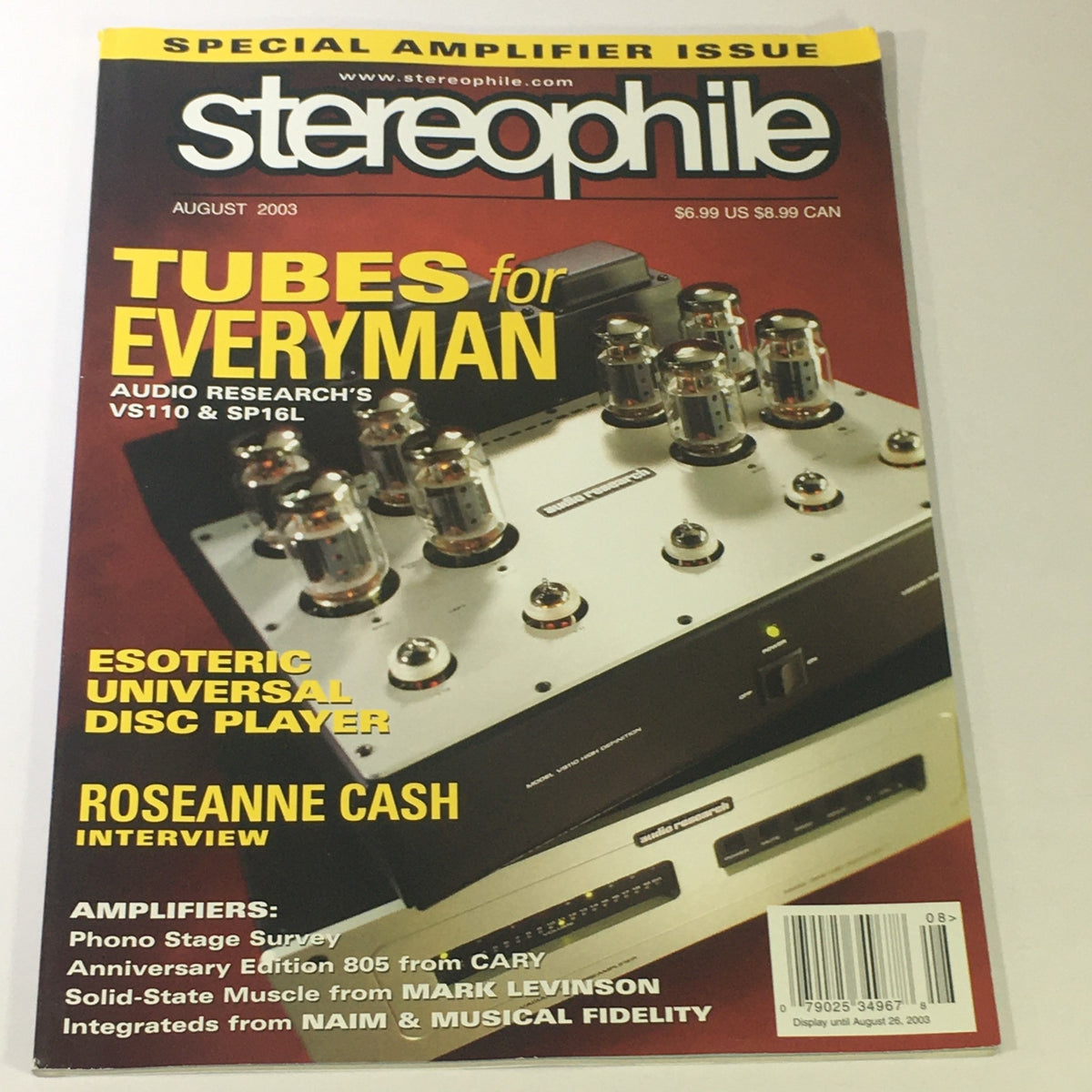 Stereophile Magazine August 2003 cover featuring the title 'Tubes for Everyman' with highlights on Audio Research's VS110 and SP16L, Esoteric Universal Disc Player, and an interview with Roseanne Cash. Special amplifier issue ideal for audiophiles.