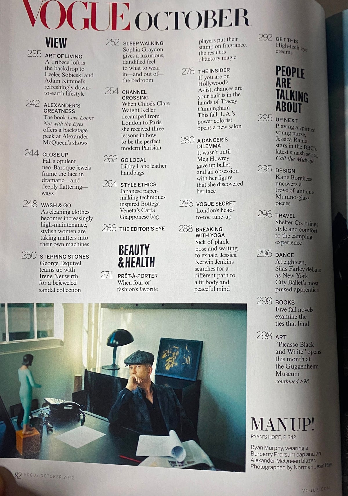 Vogue Magazine October 2012 interior page featuring the Table of Contents, listing articles including 'Fashion & Features' and 'Beauty & Health' highlights.