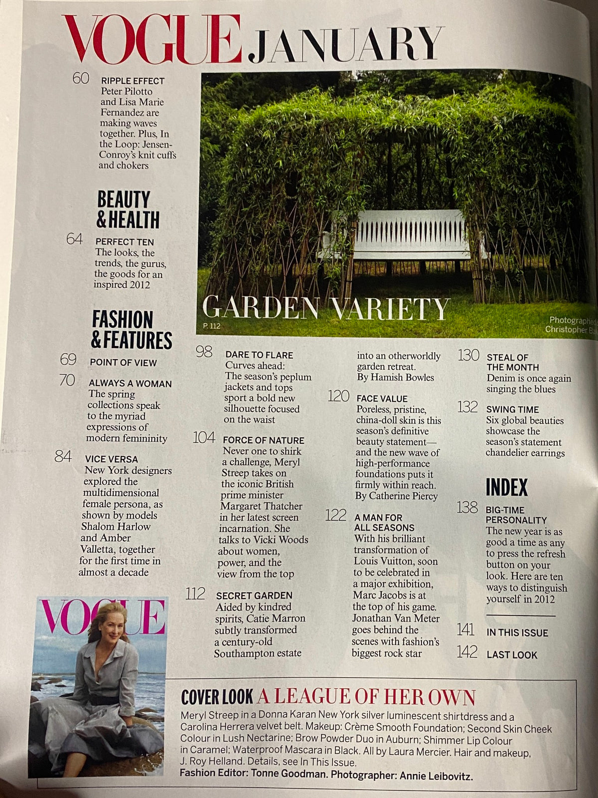 Inside page of Vogue Magazine January 2012 listing fashion and beauty highlights, featuring Meryl Streep's cover story and style notes.