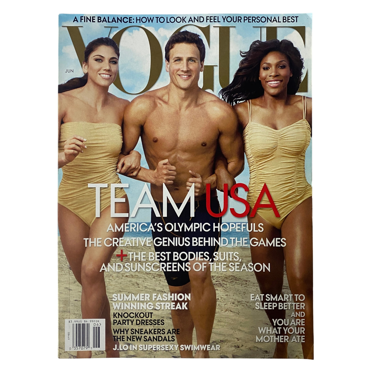Vogue Magazine June 2012 cover featuring Olympic athletes Hope Solo, Ryan Lochte, and Serena Williams in golden swimsuits. Celebrates Team USA with a vibrant design highlighting Olympic pride and summer fashion.