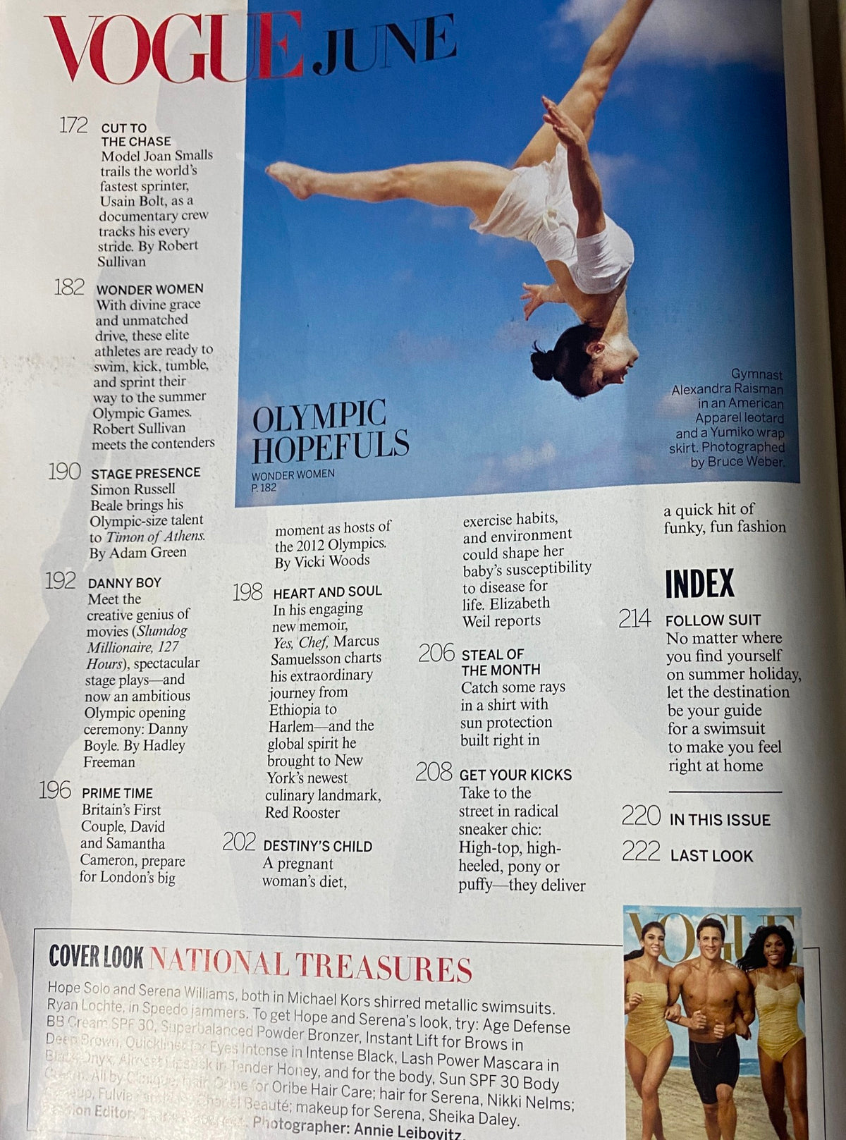 Vogue Magazine June 2012 showcasing Olympic hopefuls, featuring a dynamic gymnastics pose illustrating athleticism and elegance. Highlights include fashion and features celebrating the lead-up to the London 2012 Olympics.