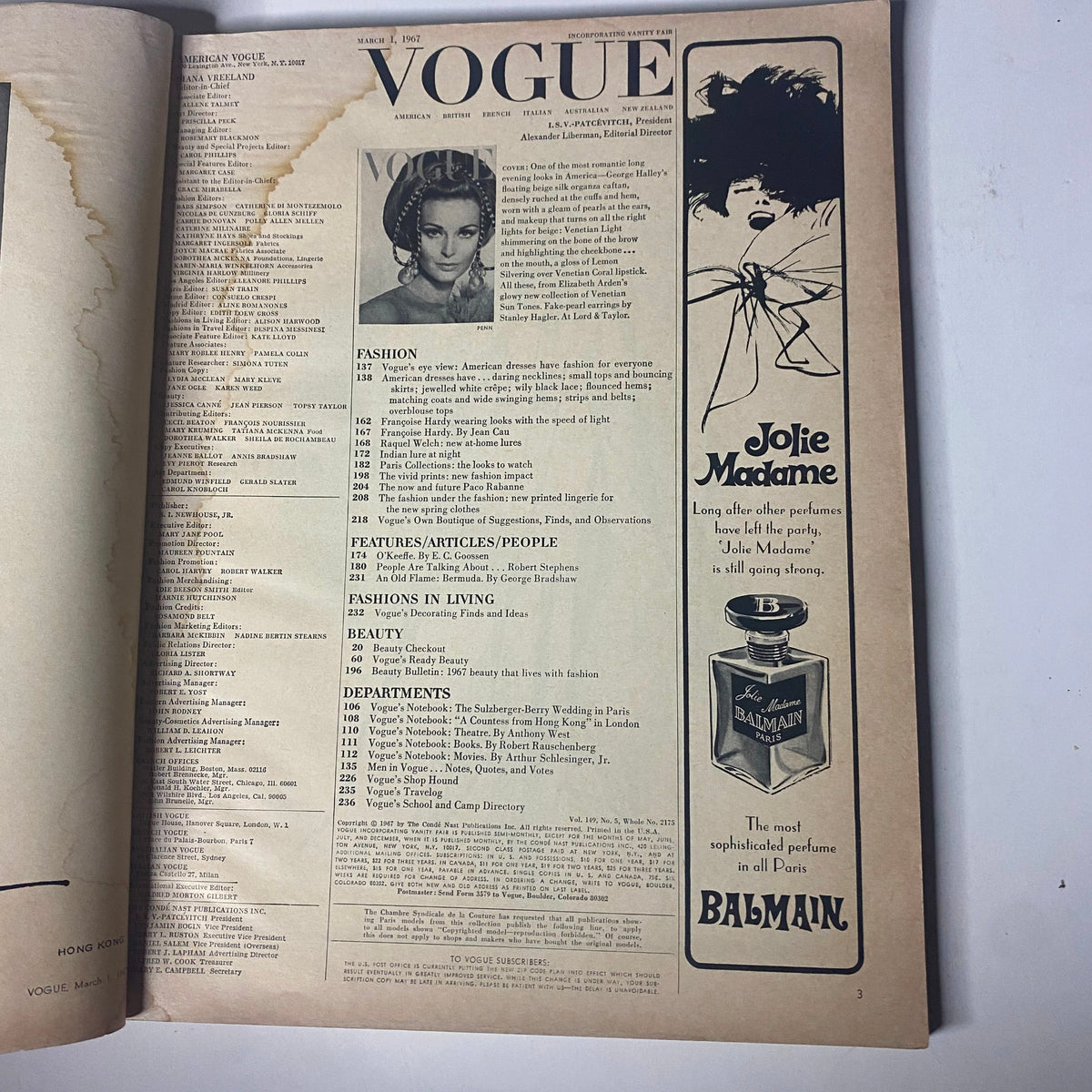 Interior page of Vogue Magazine March 1, 1967, displaying the table of contents and an advertisement for Jolie Madame perfume, highlighting fashion and beauty features.