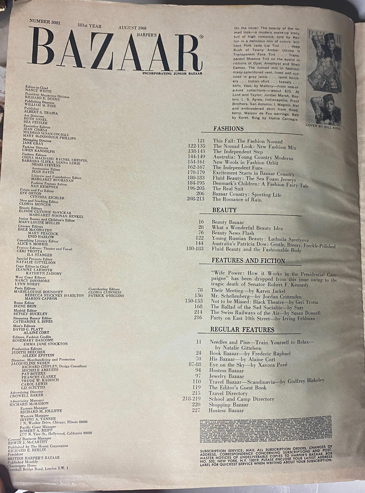 Table of contents from Harper's Bazaar Magazine August 1968, featuring article titles and page numbers related to fashion and beauty.