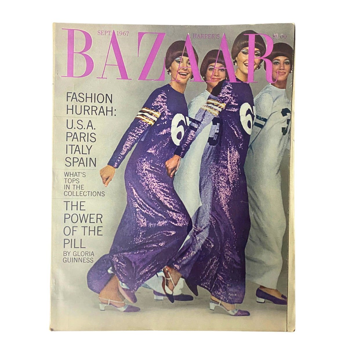 Cover of Harper's Bazaar Magazine September 1967 featuring the 'Starglow Look' with models in vibrant purple dresses. Celebrates fashion trends of the late 1960s.