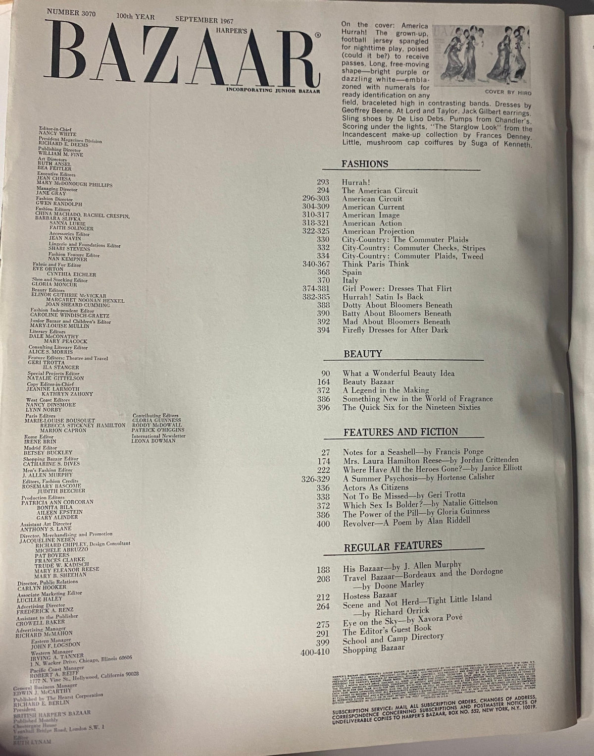 Table of Contents page from Harper's Bazaar Magazine September 1967, detailing articles on fashion, beauty, and features, reflecting the publication's thematic focus.