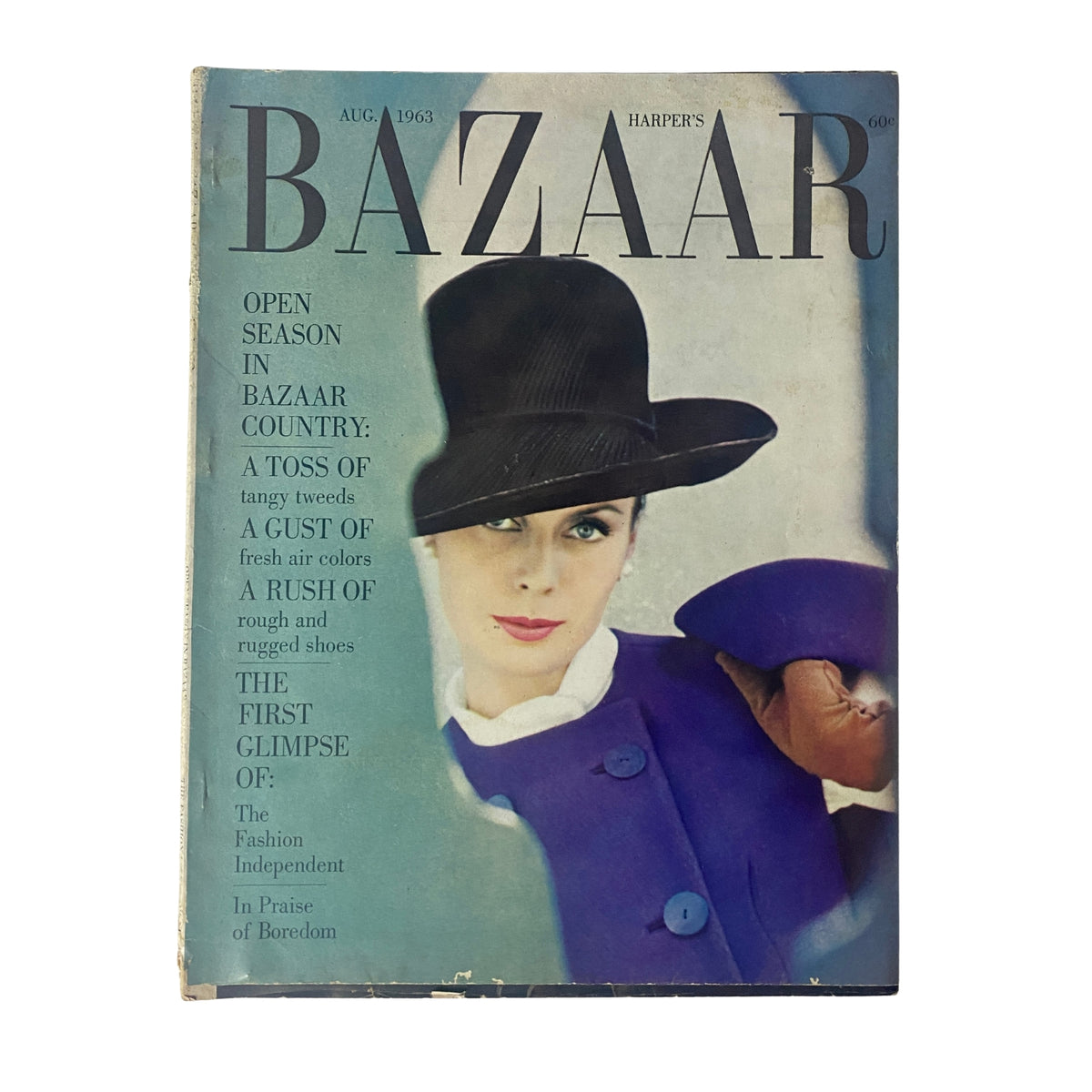 Cover of Harper's Bazaar Magazine, August 1963, featuring a woman in a bold violet outfit with a velvet hat, showcasing the theme 'Open Season in Bazaar Country'.