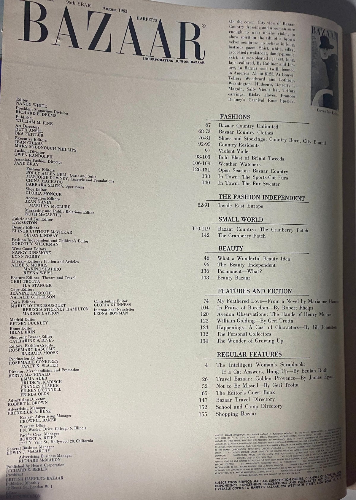 Table of contents page from Harper's Bazaar Magazine August 1963, listing articles and features including fashion sections and highlights.
