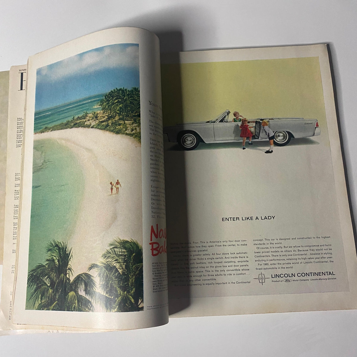 Interior page from Harper's Bazaar Magazine April 1963 showing a serene beach scene ad and luxury car advertisement, emphasizing upscale lifestyle and elegance.