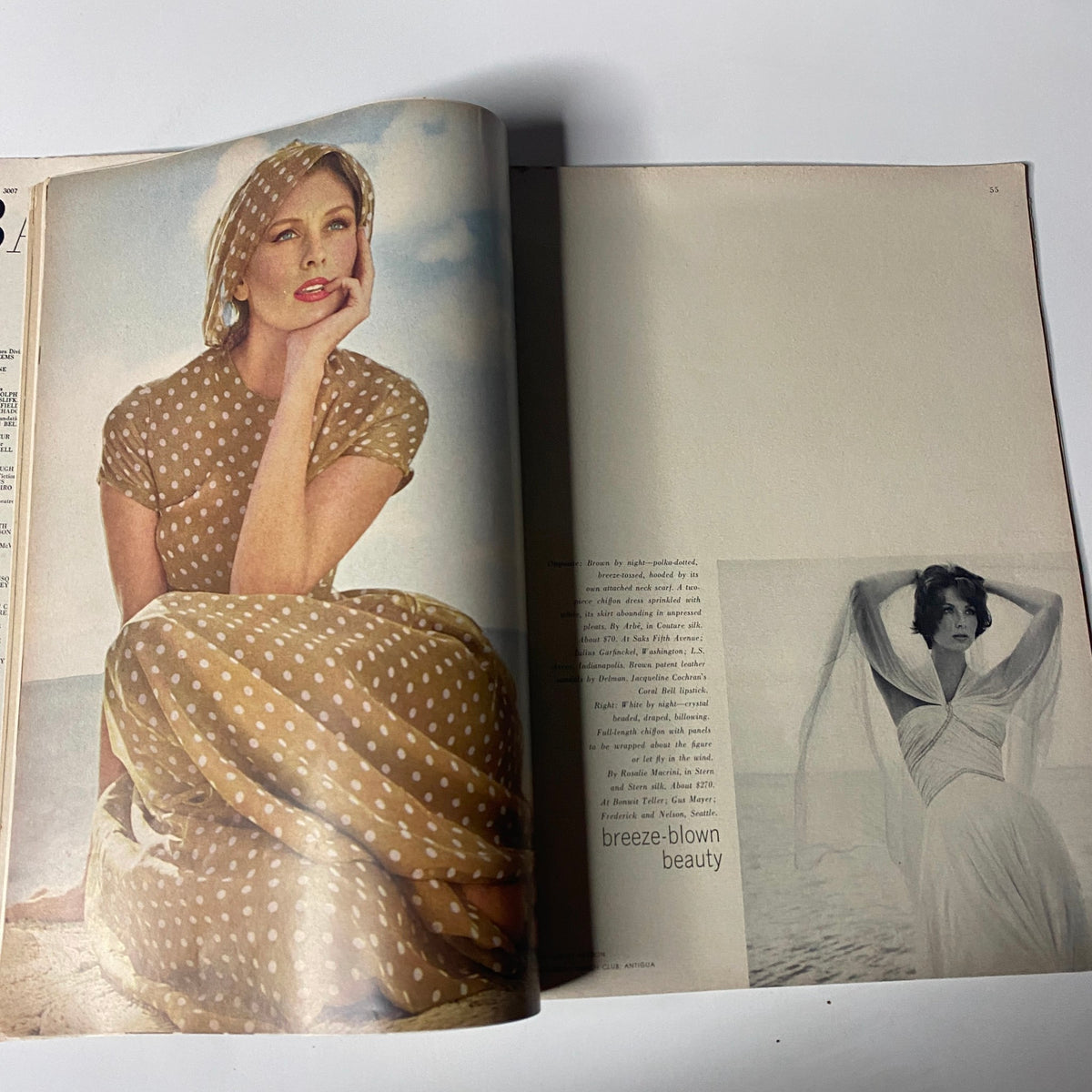 Vintage fashion photograph from Harper's Bazaar Magazine June 1962 showcasing a model in a polka dot dress with the title Breeze-Blown Beauty.